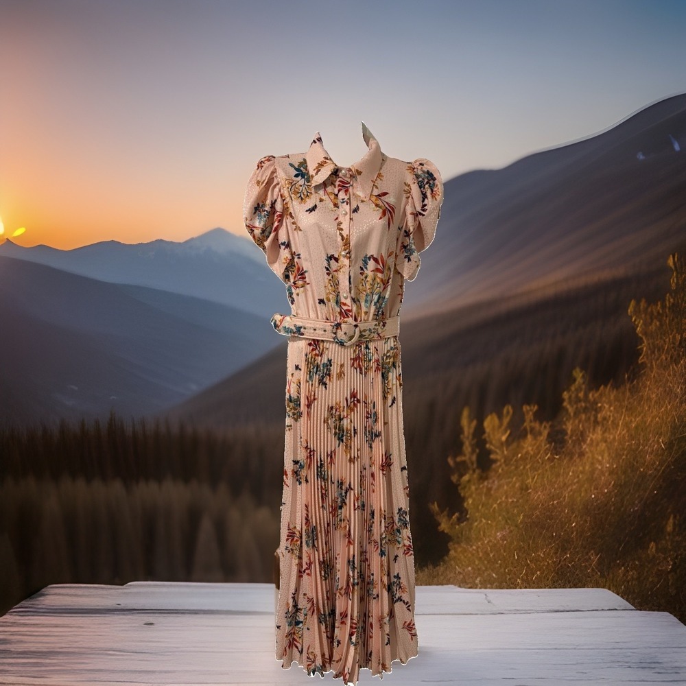 Lady De Couture Maxi Dress~M~Peach Floral Puff Slvs Pleated Skirt Retro 50s USA